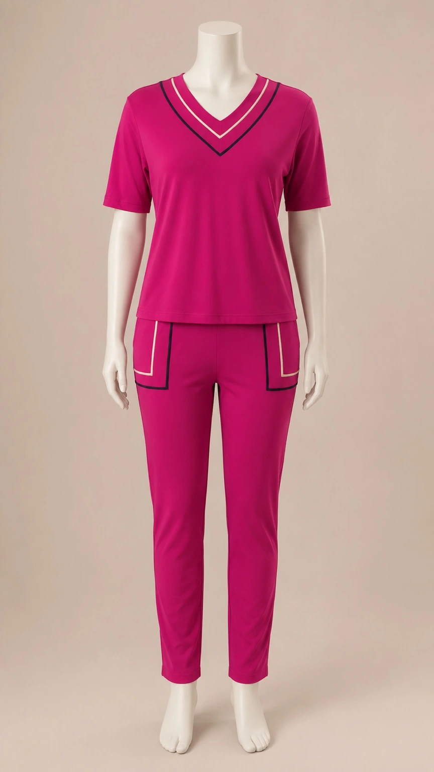 Conjunto em moletinho com decote V e calça skinny - fúcsia