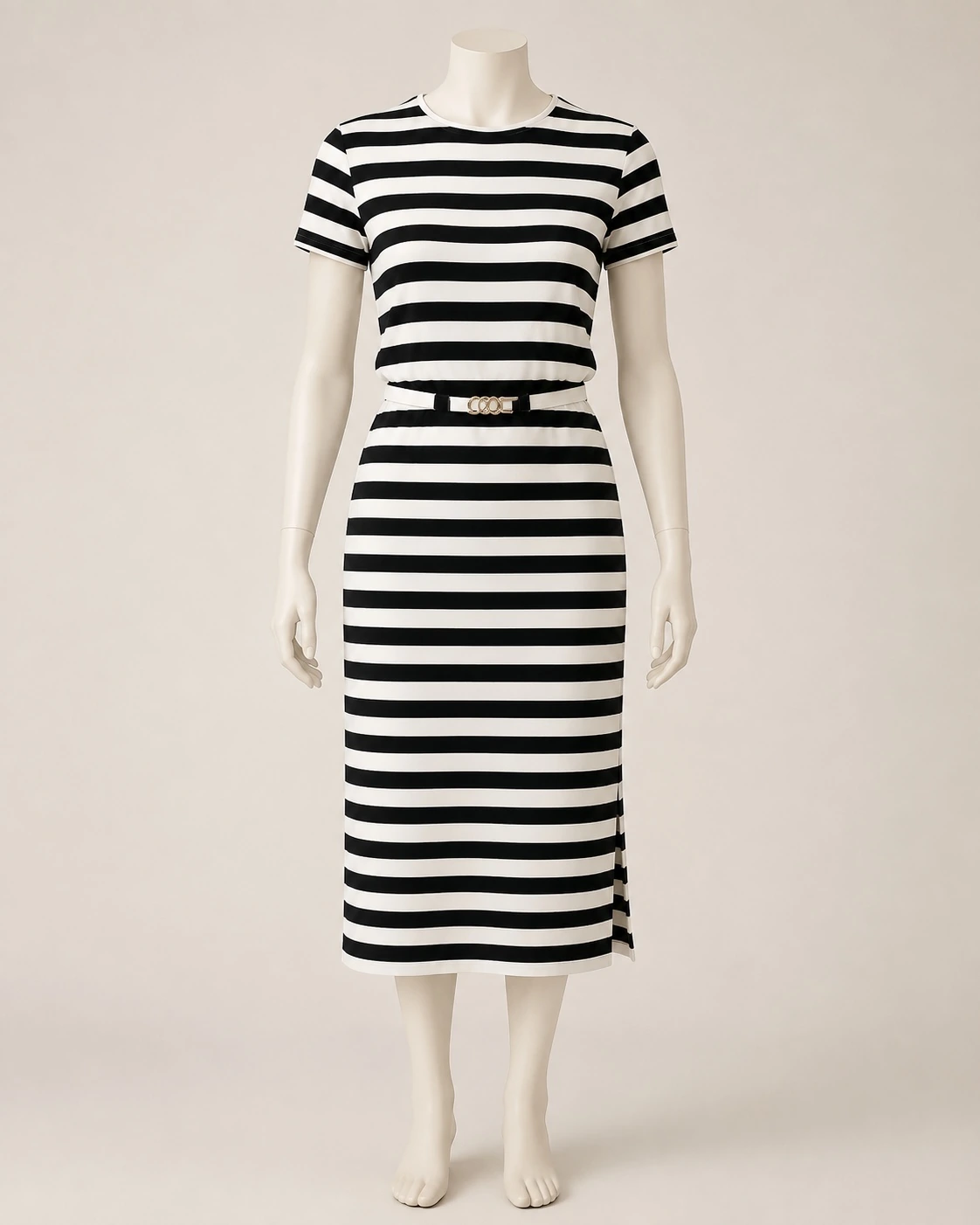 Vestido midi de manga curta em malha premium com cinto - preto