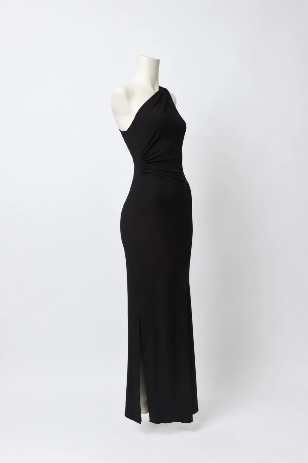 Vestido Longo de Um Ombro Só em Malha Canelada